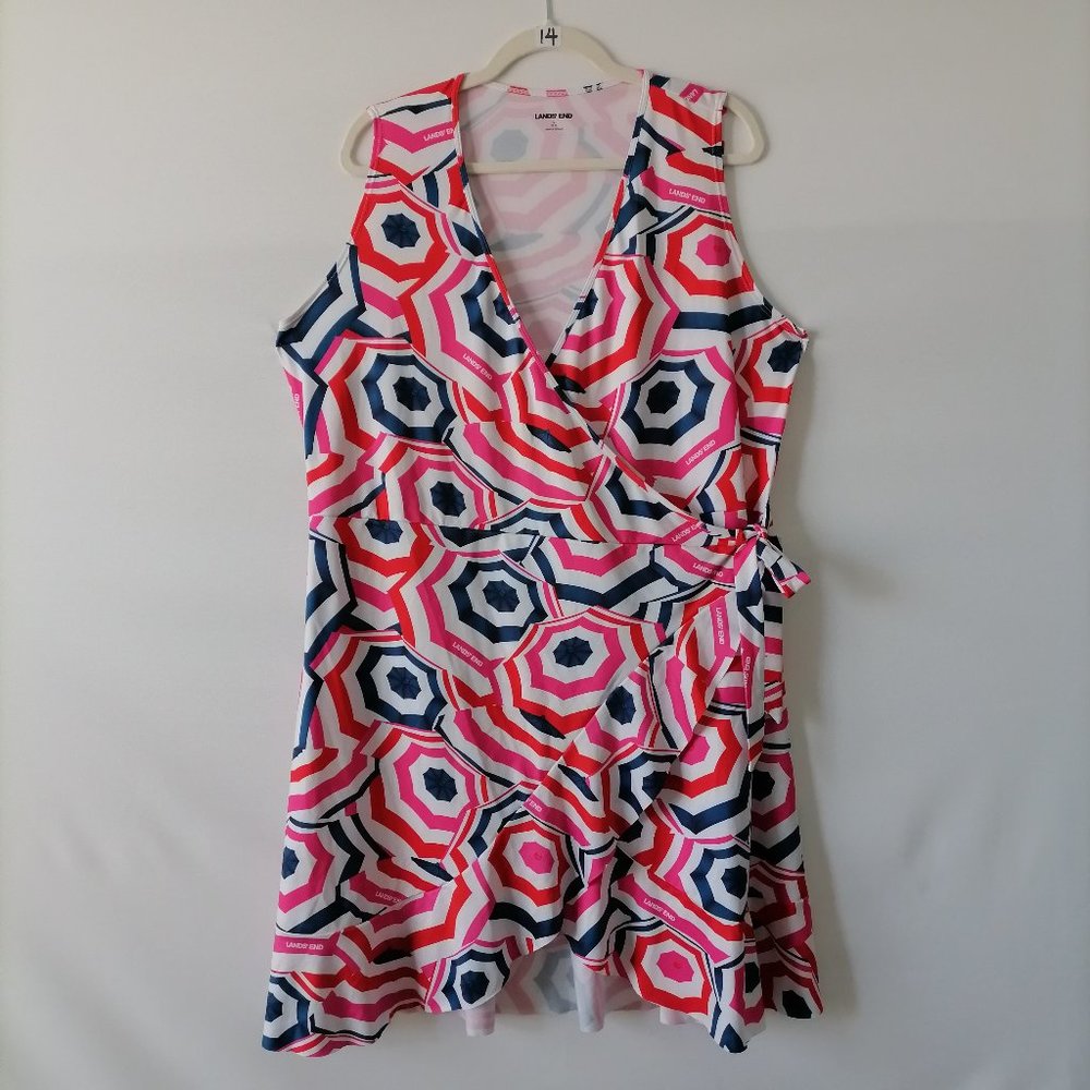 Land's End Womens Multicolor Sleeveless Ruffle Tie Knot Wrap Mini Dress Size L